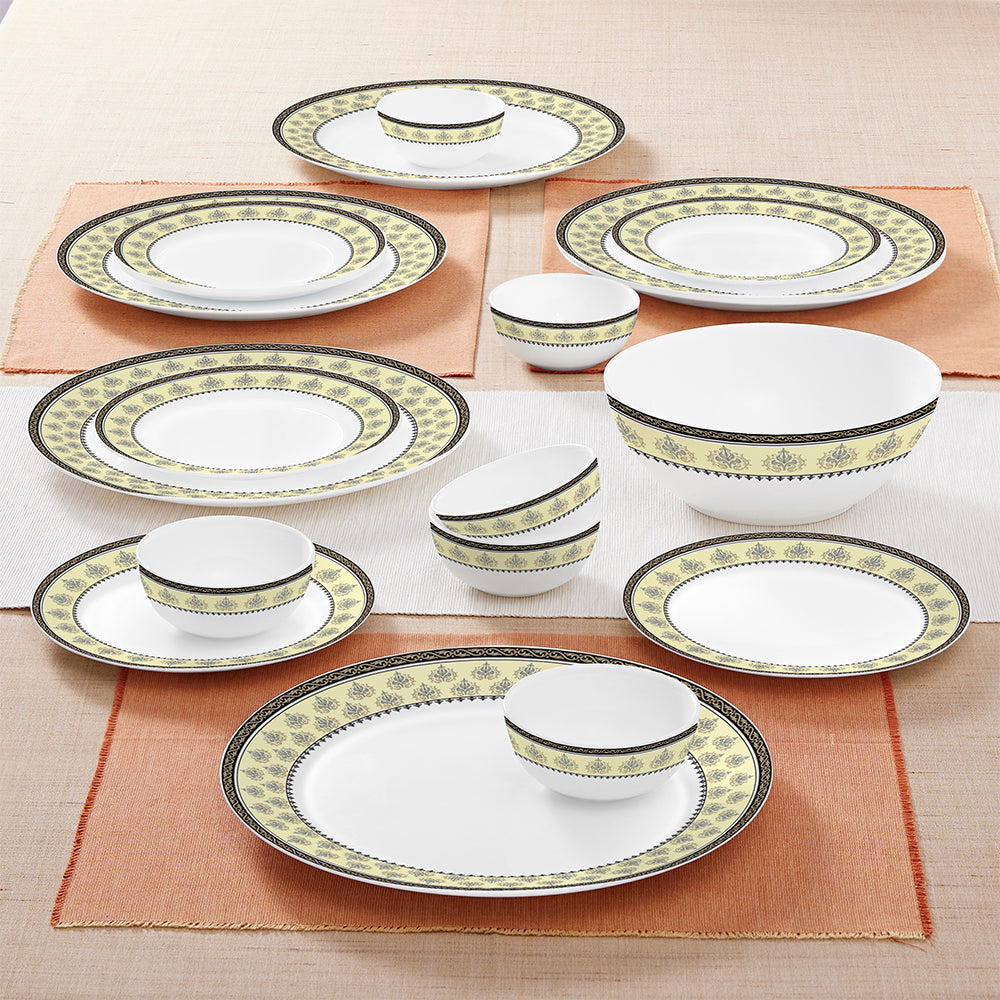 Larah by Borosil - Amber Kohinoor Series Opalware Dinner Set | Set of 45 Pcs