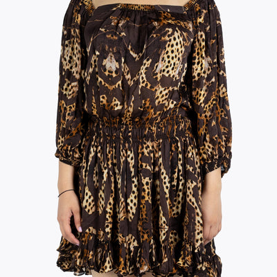 Roberto Cavalli Brown Animal Print Silk Ruffled Dress