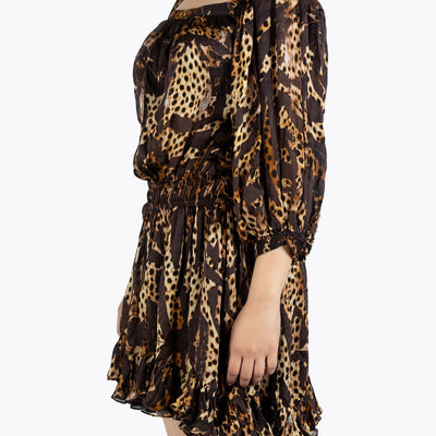 Roberto Cavalli Brown Animal Print Silk Ruffled Dress
