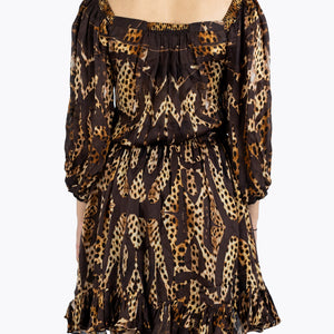 Roberto Cavalli Brown Animal Print Silk Ruffled Dress