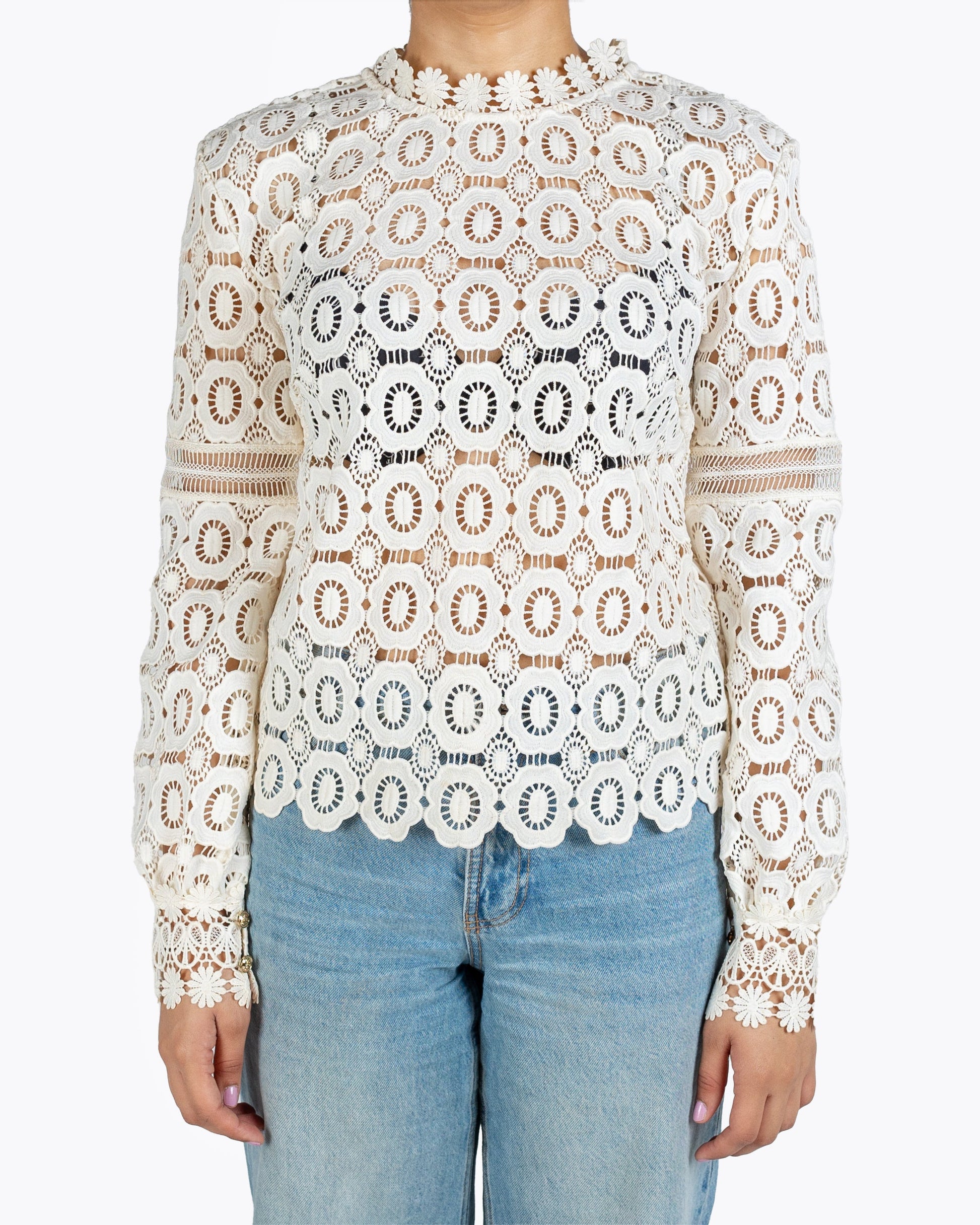 Self-Portrait Long Sleeved Crochet Lace Top in White