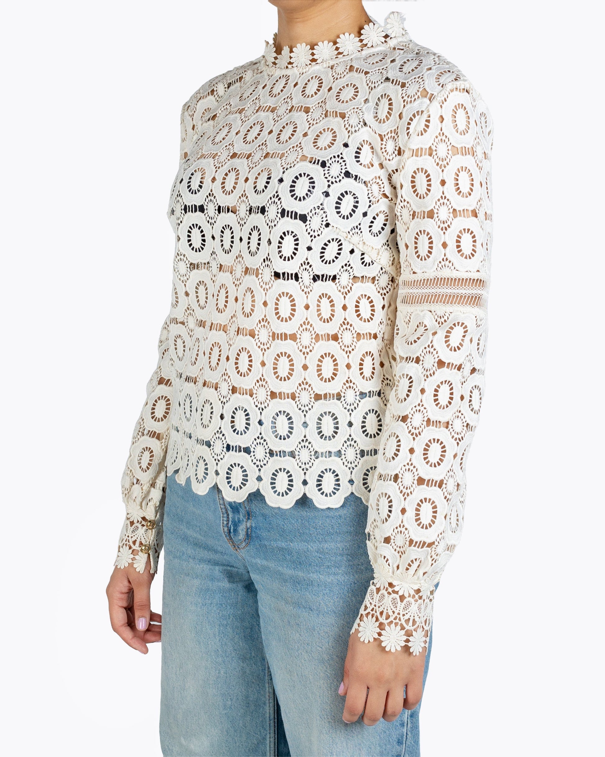 Self-Portrait Long Sleeved Crochet Lace Top in White