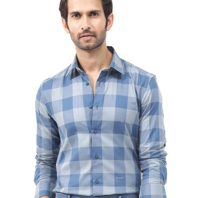 Rare Rabbit Mens Amos Blue Cotton Fabric Full Sleeve Regular Fit Checks Shirt