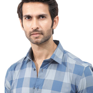 Rare Rabbit Mens Amos Blue Cotton Fabric Full Sleeve Regular Fit Checks Shirt