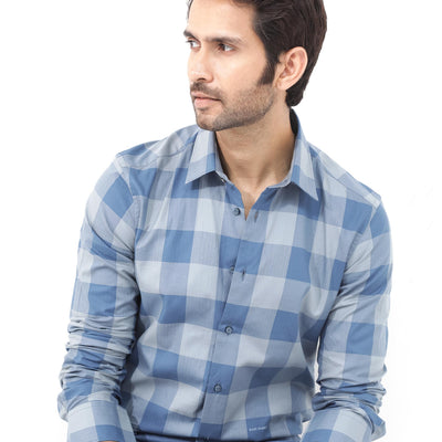 Rare Rabbit Mens Amos Blue Cotton Fabric Full Sleeve Regular Fit Checks Shirt