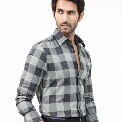 Rare Rabbit Mens Amos Grey Cotton Fabric Full Sleeve Regular Fit Checks Shirt