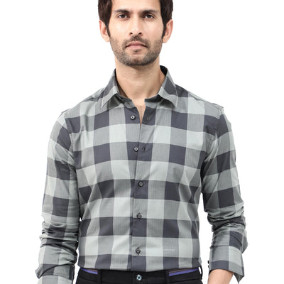 Rare Rabbit Mens Amos Grey Cotton Fabric Full Sleeve Regular Fit Checks Shirt
