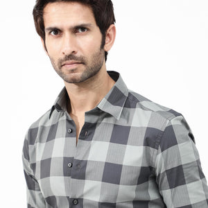 Rare Rabbit Mens Amos Grey Cotton Fabric Full Sleeve Regular Fit Checks Shirt