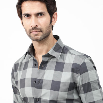 Rare Rabbit Mens Amos Grey Cotton Fabric Full Sleeve Regular Fit Checks Shirt