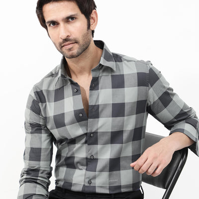 Rare Rabbit Mens Amos Grey Cotton Fabric Full Sleeve Regular Fit Checks Shirt