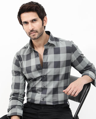 Rare Rabbit Mens Amos Grey Cotton Fabric Full Sleeve Regular Fit Checks Shirt