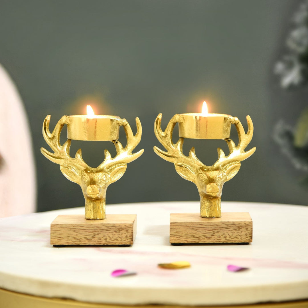 Set Of 2 Gold Stag Tea Light Candle Holder