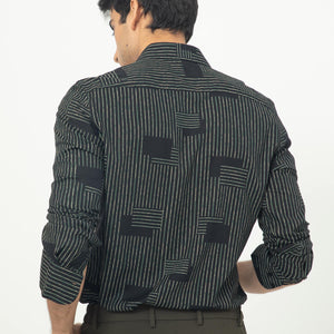 Rare Rabbit Men's Anthem Black Viscose Fabric Geometric Print Full Sleeves Shirt