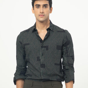 Rare Rabbit Men's Anthem Black Viscose Fabric Geometric Print Full Sleeves Shirt