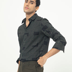 Rare Rabbit Men's Anthem Black Viscose Fabric Geometric Print Full Sleeves Shirt