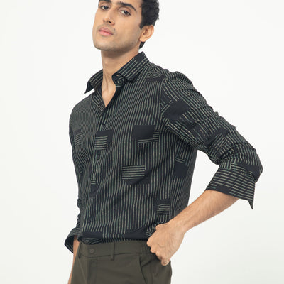 Rare Rabbit Men's Anthem Black Viscose Fabric Geometric Print Full Sleeves Shirt