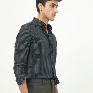 Rare Rabbit Men's Anthem Black Viscose Fabric Geometric Print Full Sleeves Shirt