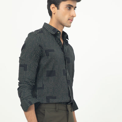 Rare Rabbit Men's Anthem Black Viscose Fabric Geometric Print Full Sleeves Shirt