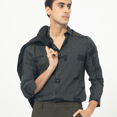 Rare Rabbit Men's Anthem Black Viscose Fabric Geometric Print Full Sleeves Shirt