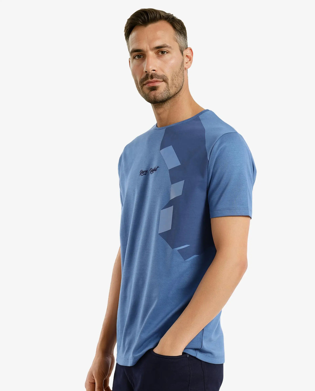 Rare Rabbit Men Antu Blue Cotton Polyester Fabric Short Sleeve Crew Neck Logo Print Oversized T-Shirt