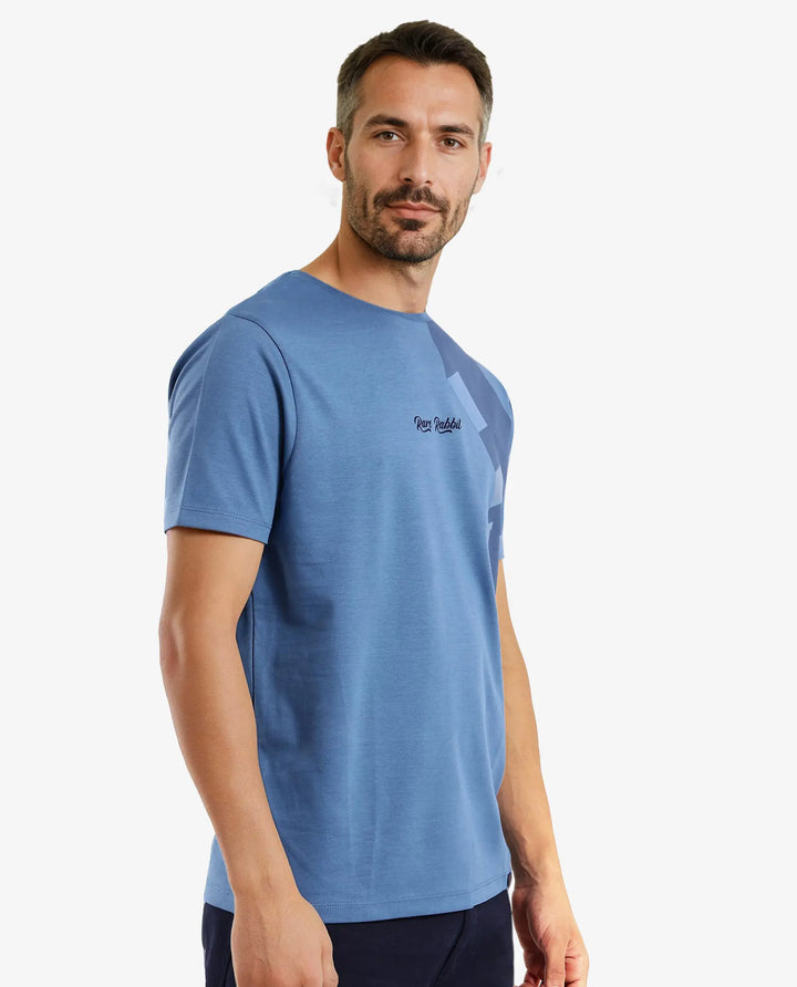 Rare Rabbit Men Antu Blue Cotton Polyester Fabric Short Sleeve Crew Neck Logo Print Oversized T-Shirt