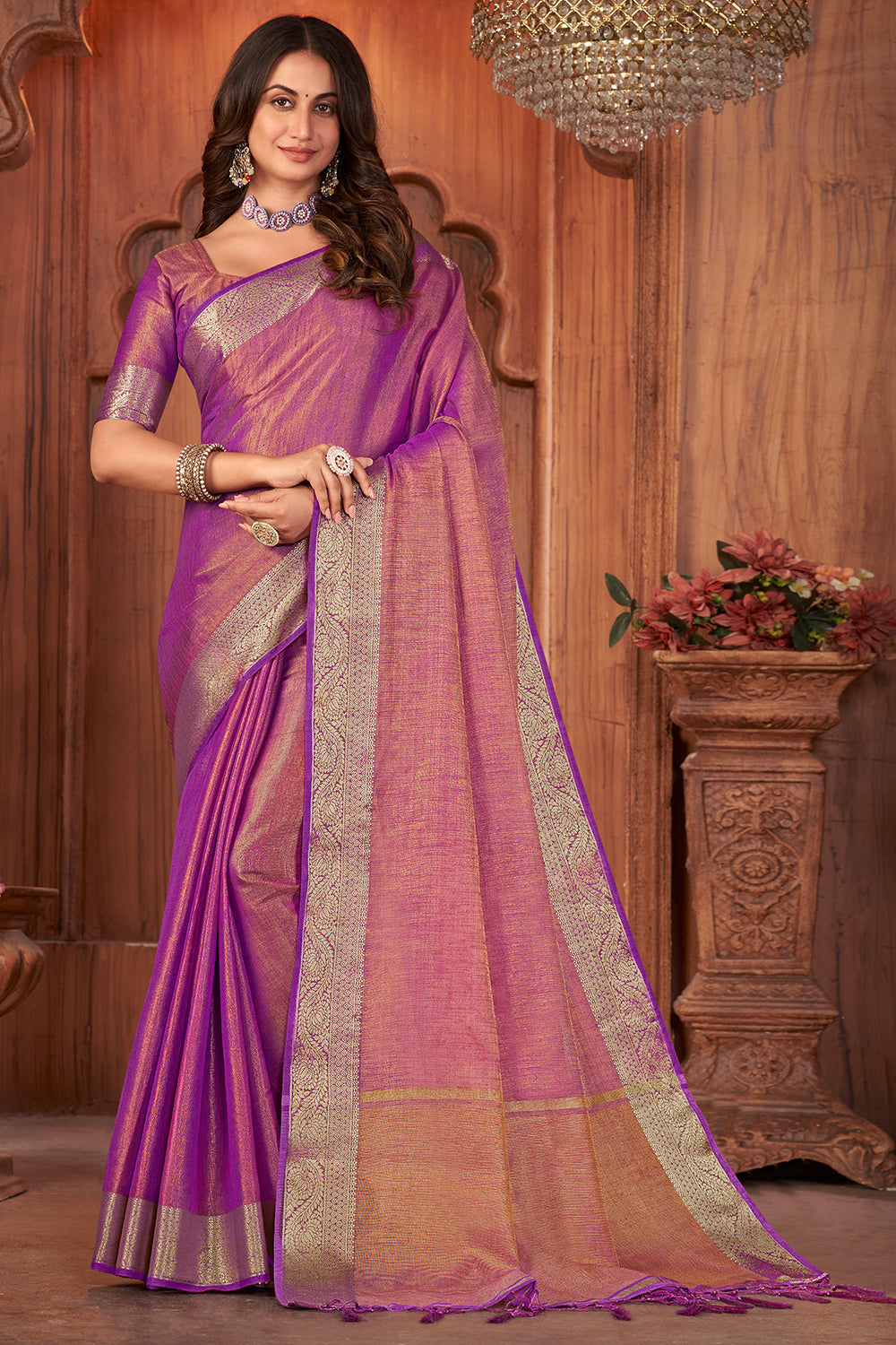 Fuscia Pink Tussar Saree
