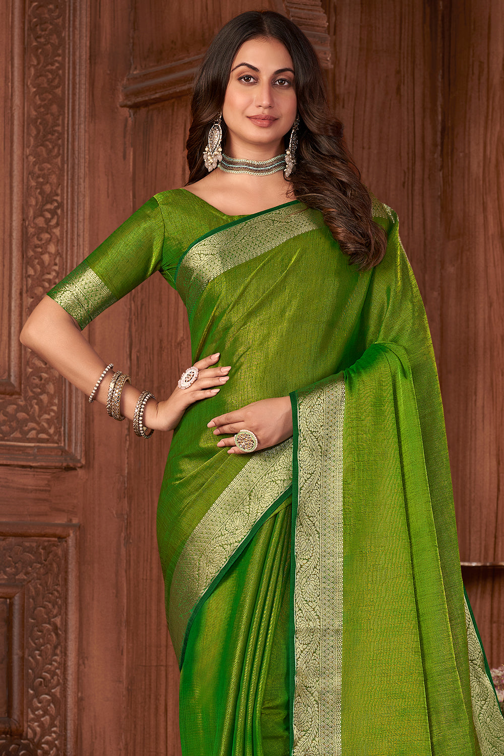 Kelly Green Tussar Saree