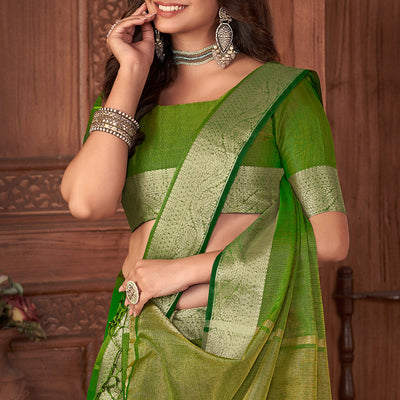 Kelly Green Tussar Saree