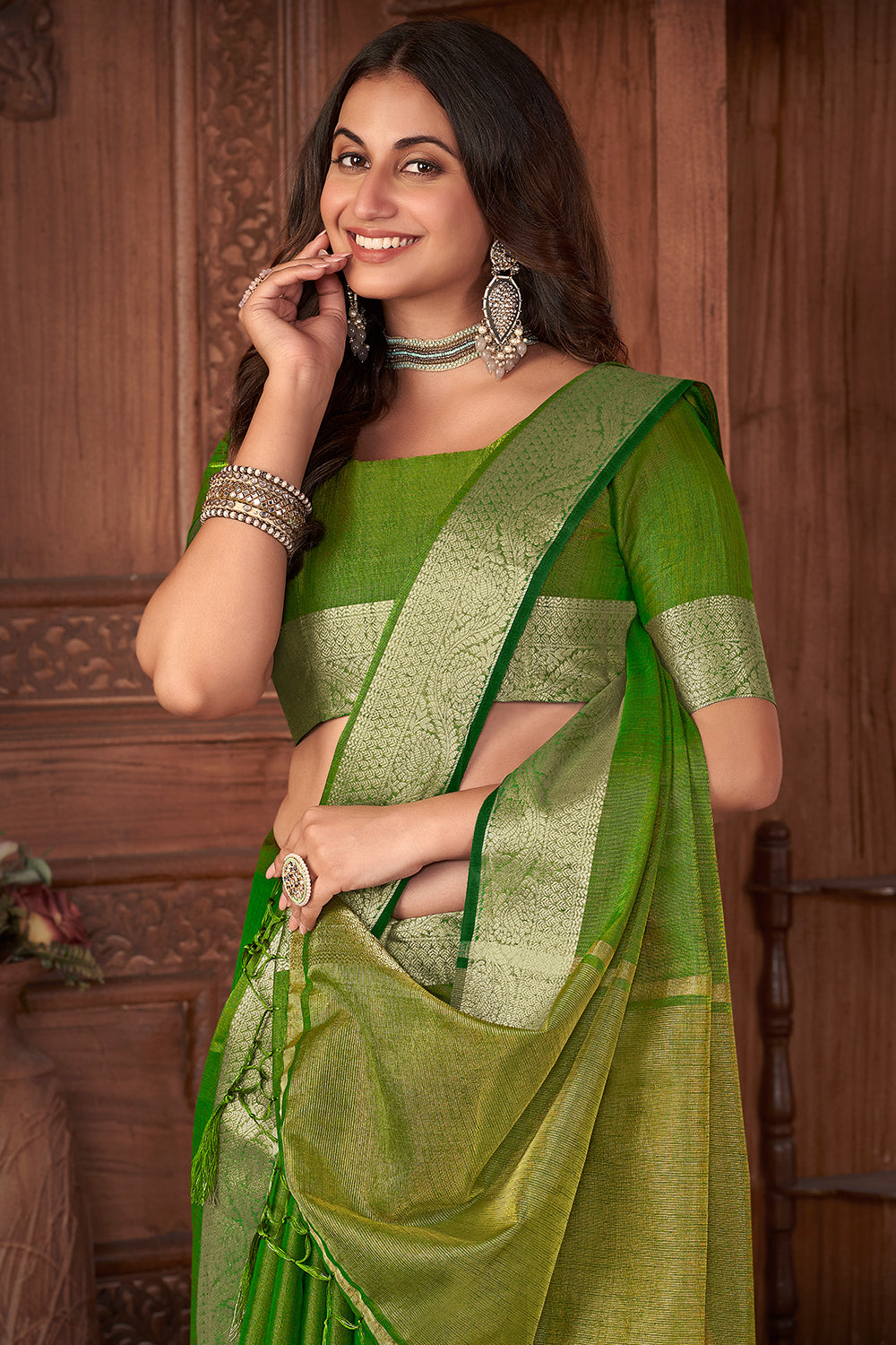Kelly Green Tussar Saree