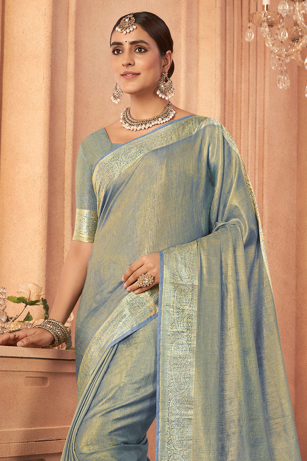 Sage Blue Tussar Saree