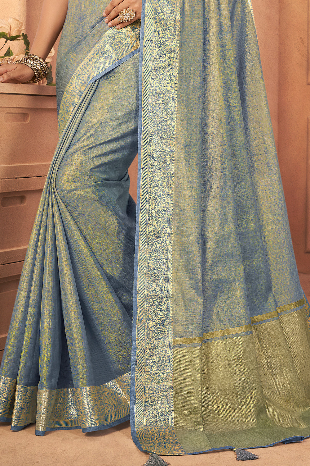 Sage Blue Tussar Saree