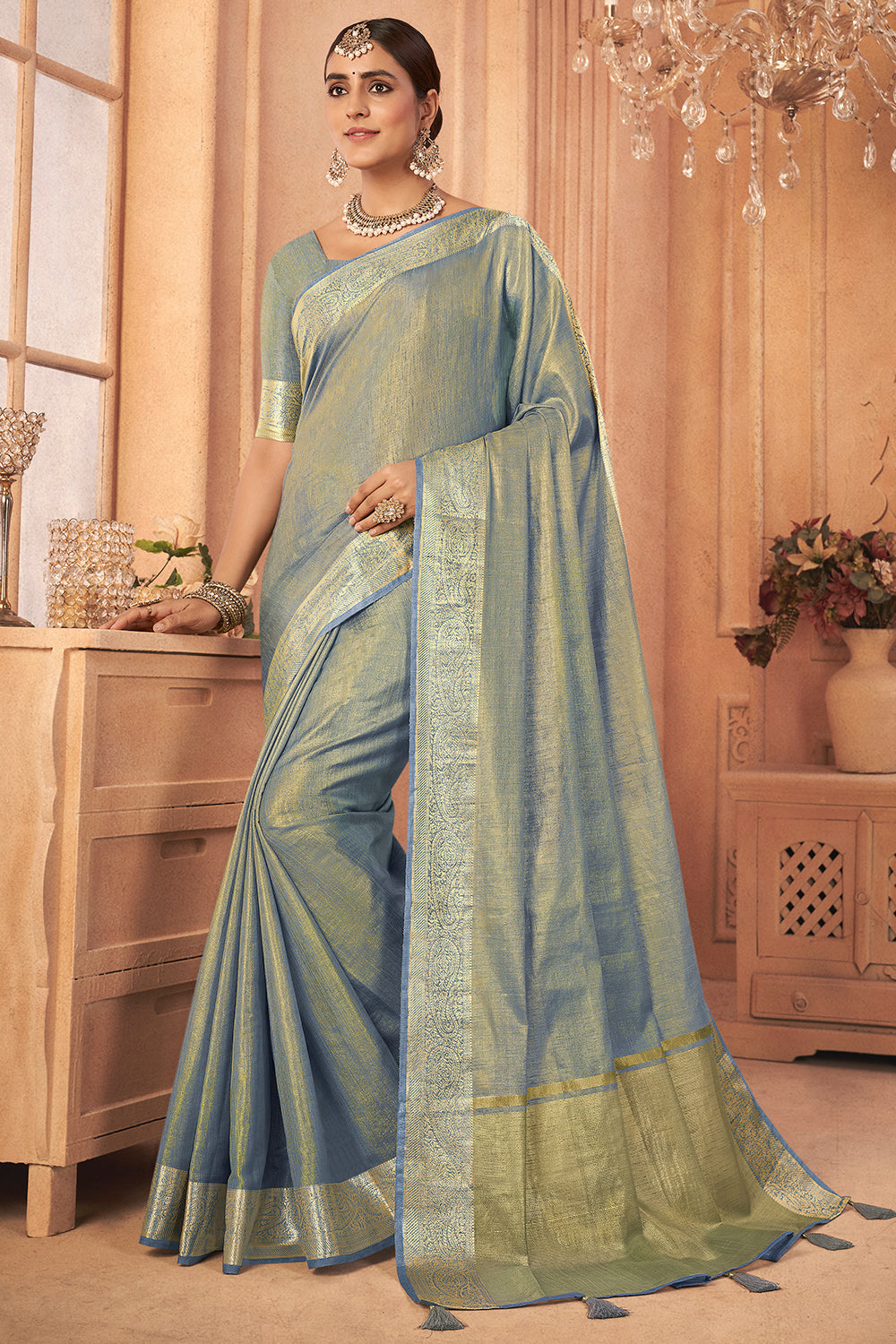 Sage Blue Tussar Saree