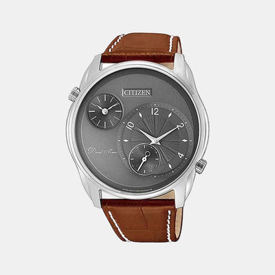 Dual Time Men Quartz Grey Dial Chronograph Leather Watch AO3030-16H