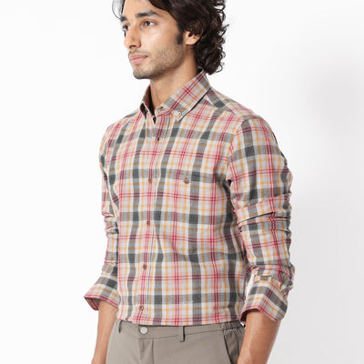 RARE RABBIT MEN'S ASCOT MUSTARD SHIRT COTTON FABRIC COLLARED NECK FULL SLEEVES BUTTON CLOSURE SLIM FIT