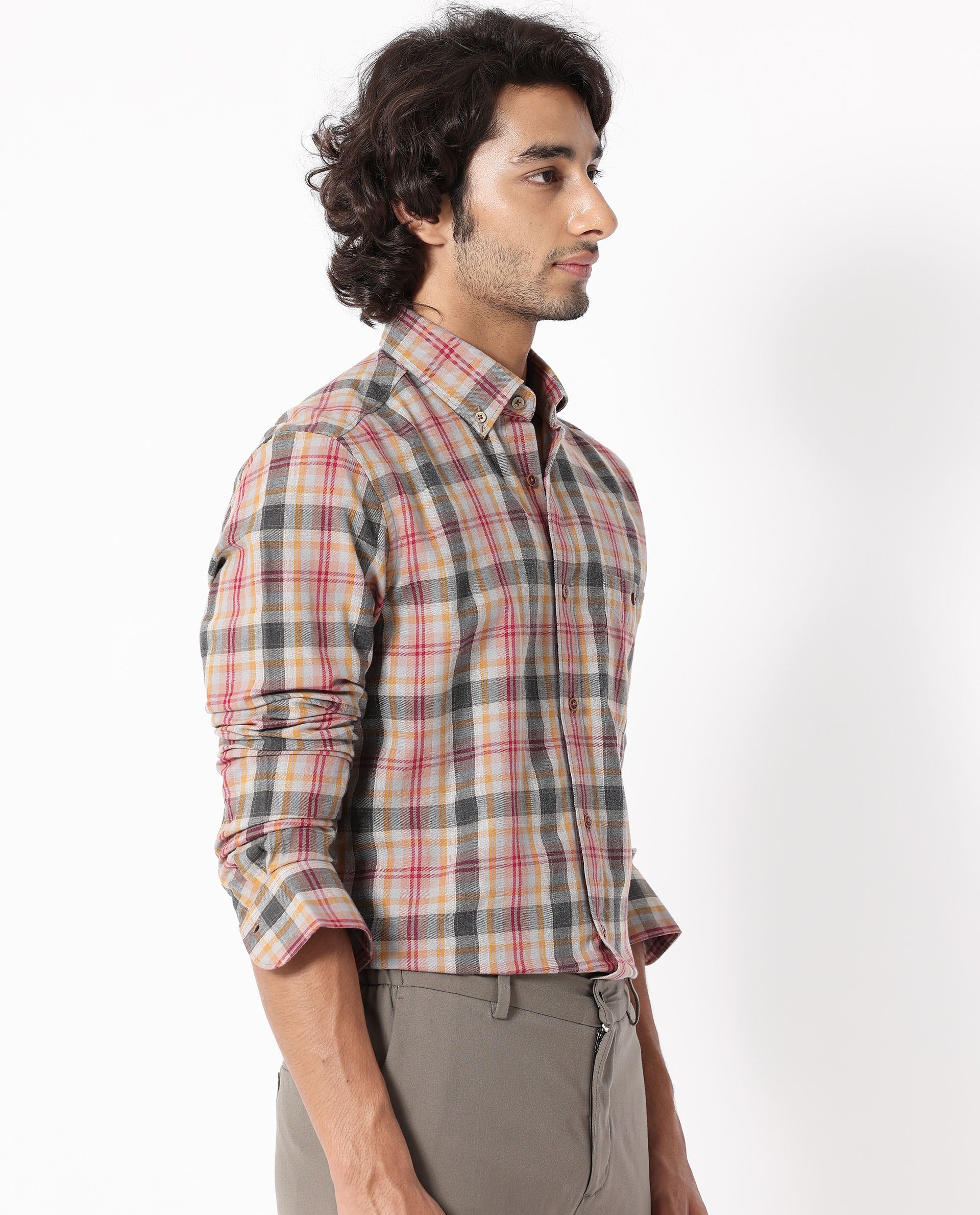 RARE RABBIT MEN'S ASCOT MUSTARD SHIRT COTTON FABRIC COLLARED NECK FULL SLEEVES BUTTON CLOSURE SLIM FIT