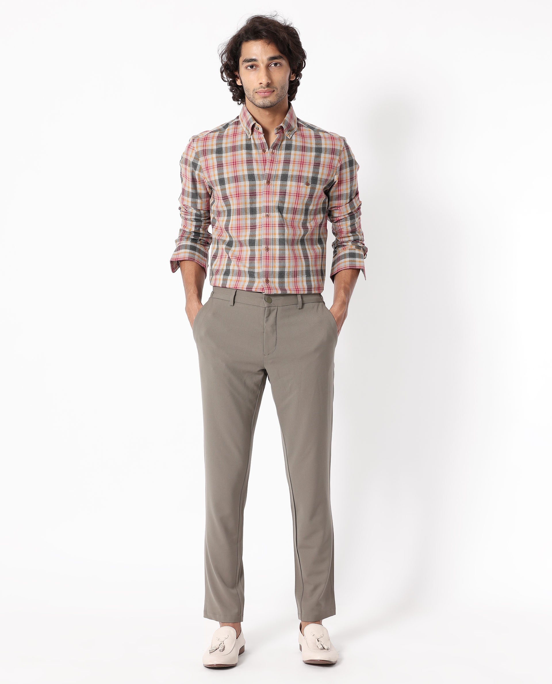 RARE RABBIT MEN'S ASCOT MUSTARD SHIRT COTTON FABRIC COLLARED NECK FULL SLEEVES BUTTON CLOSURE SLIM FIT
