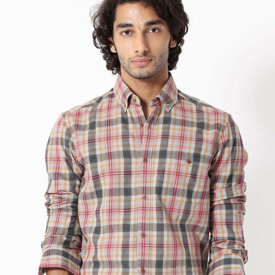 RARE RABBIT MEN'S ASCOT MUSTARD SHIRT COTTON FABRIC COLLARED NECK FULL SLEEVES BUTTON CLOSURE SLIM FIT