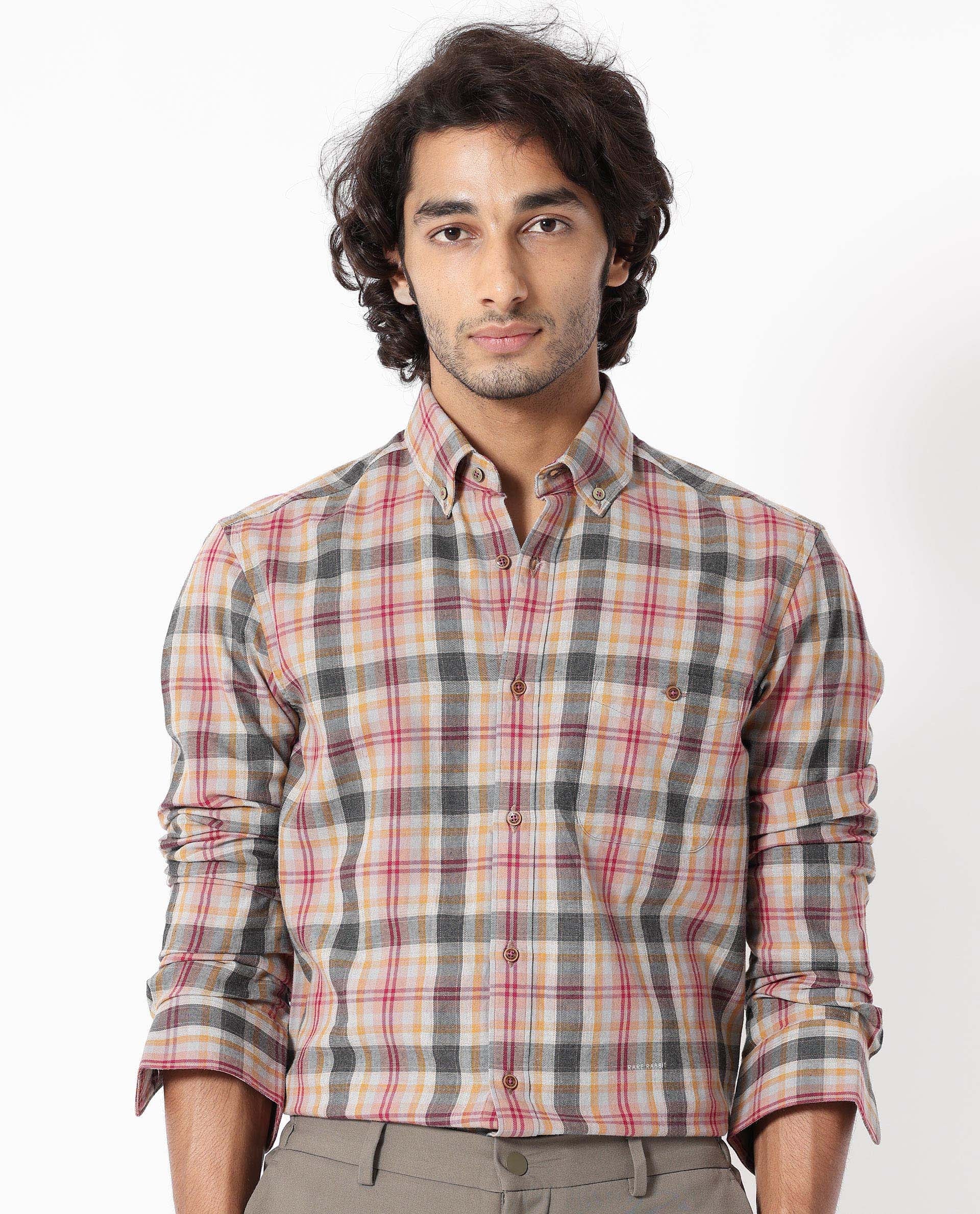 RARE RABBIT MEN'S ASCOT MUSTARD SHIRT COTTON FABRIC COLLARED NECK FULL SLEEVES BUTTON CLOSURE SLIM FIT
