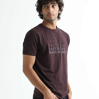 Rare Rabbit Men's Asi Maroon Crew Neck HD Print Chest Branding Half Sleeves T-Shirt