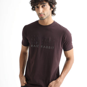 Rare Rabbit Men's Asi Maroon Crew Neck HD Print Chest Branding Half Sleeves T-Shirt