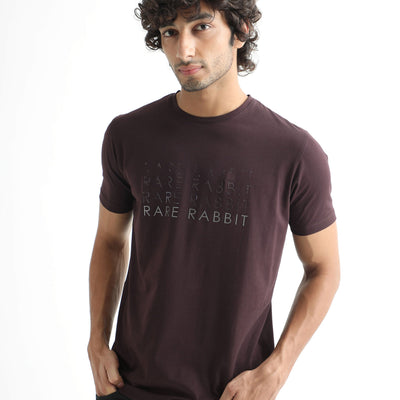 Rare Rabbit Men's Asi Maroon Crew Neck HD Print Chest Branding Half Sleeves T-Shirt