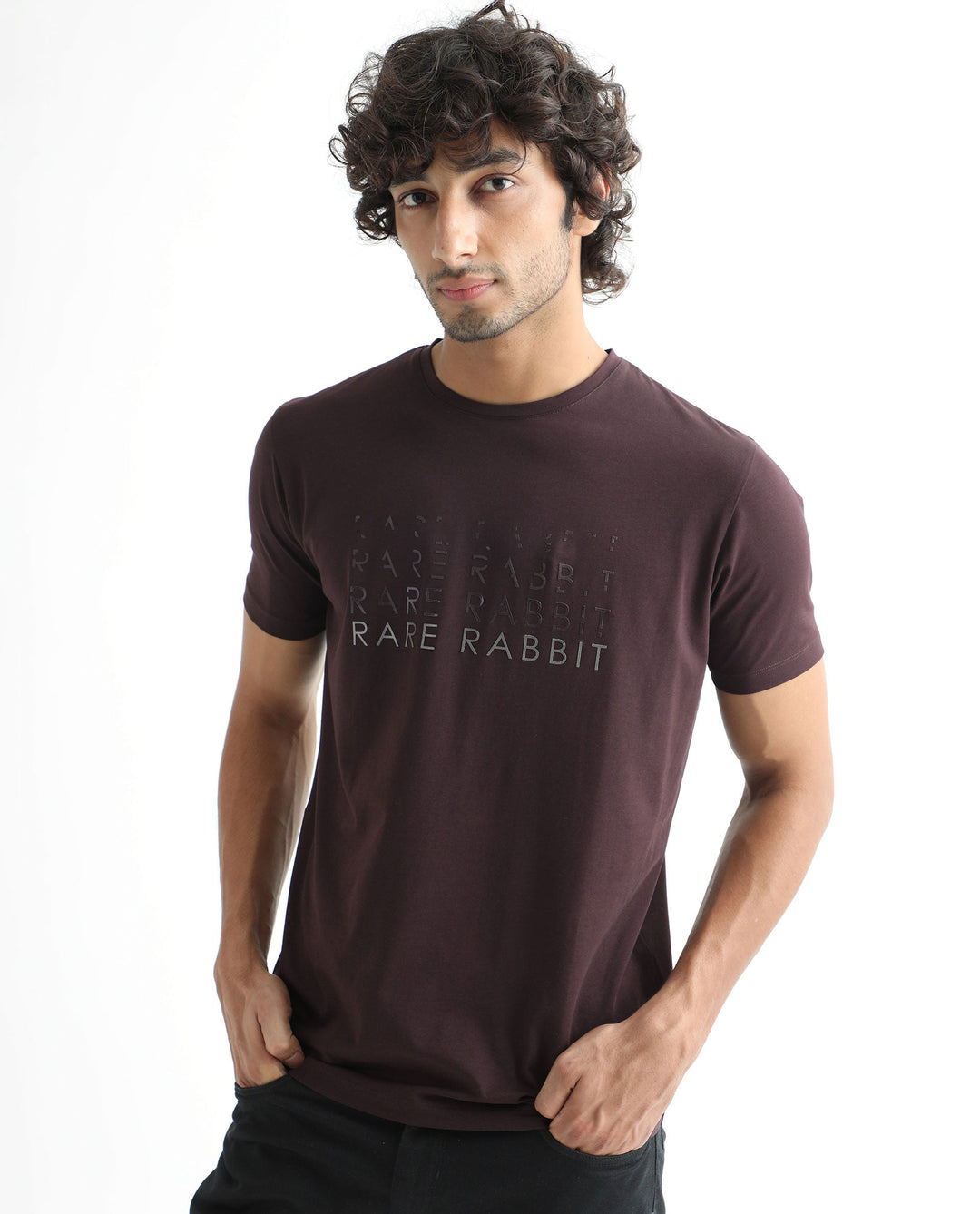 Rare Rabbit Men's Asi Maroon Crew Neck HD Print Chest Branding Half Sleeves T-Shirt