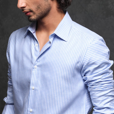 Rare Rabbit Men's Auster Blue Cotton Fabric Full Sleeves Houndstooth Shirt
