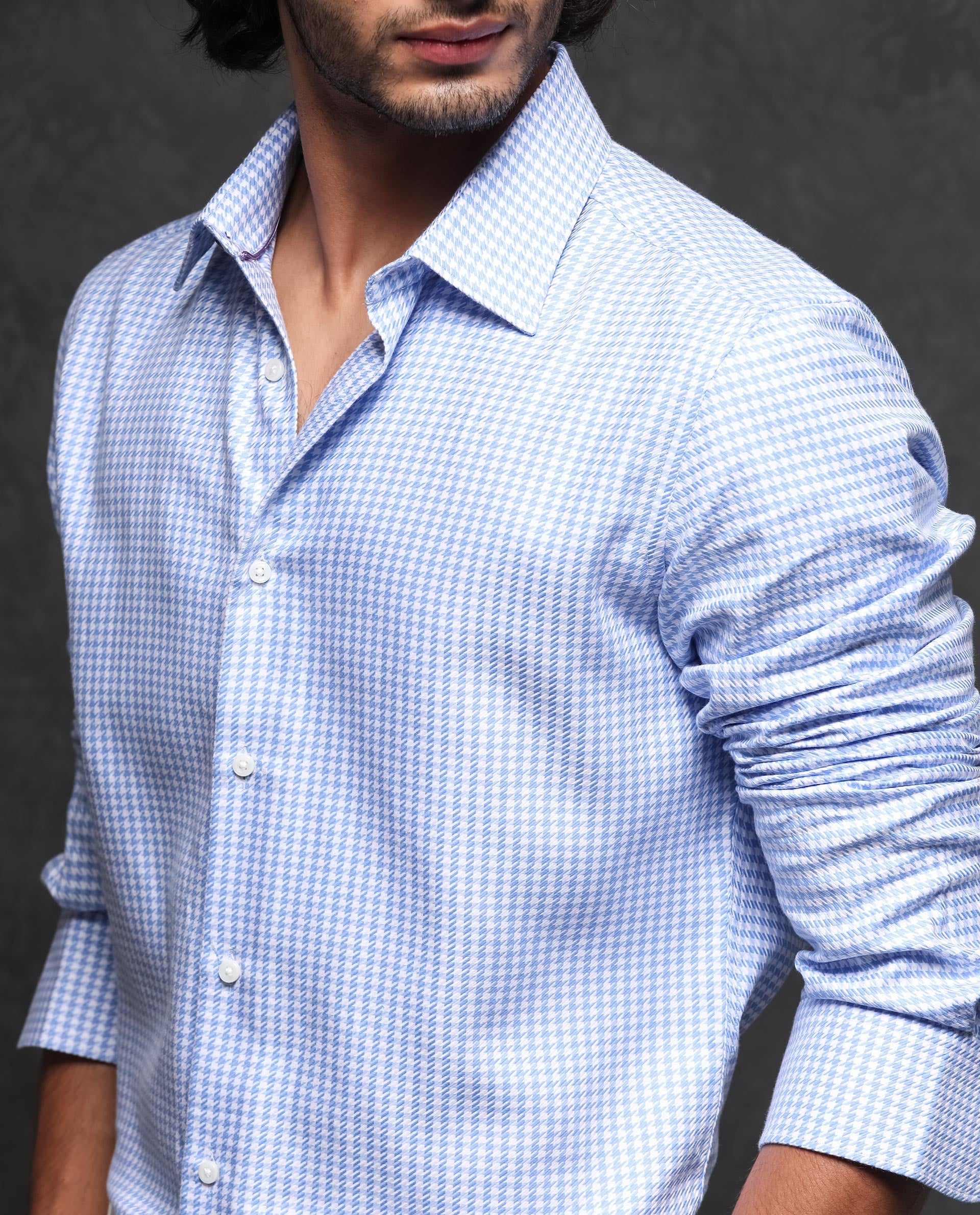 Rare Rabbit Men's Auster Blue Cotton Fabric Full Sleeves Houndstooth Shirt