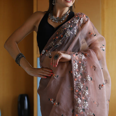 Tan Brown Organza Saree