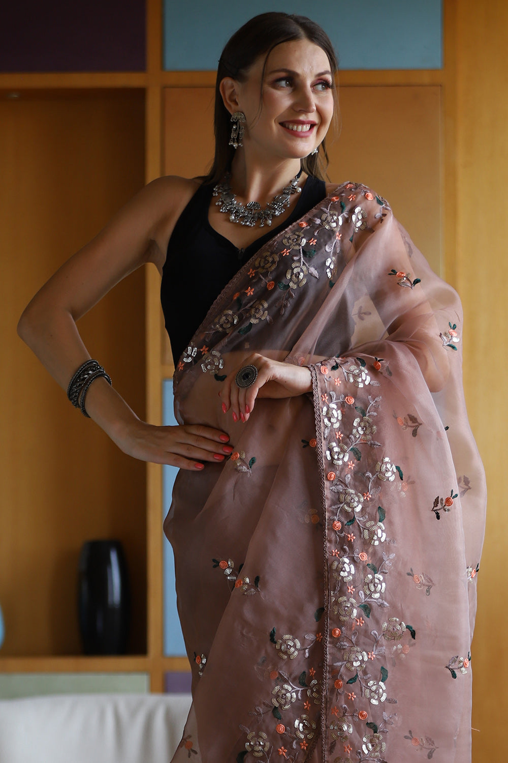 Tan Brown Organza Saree