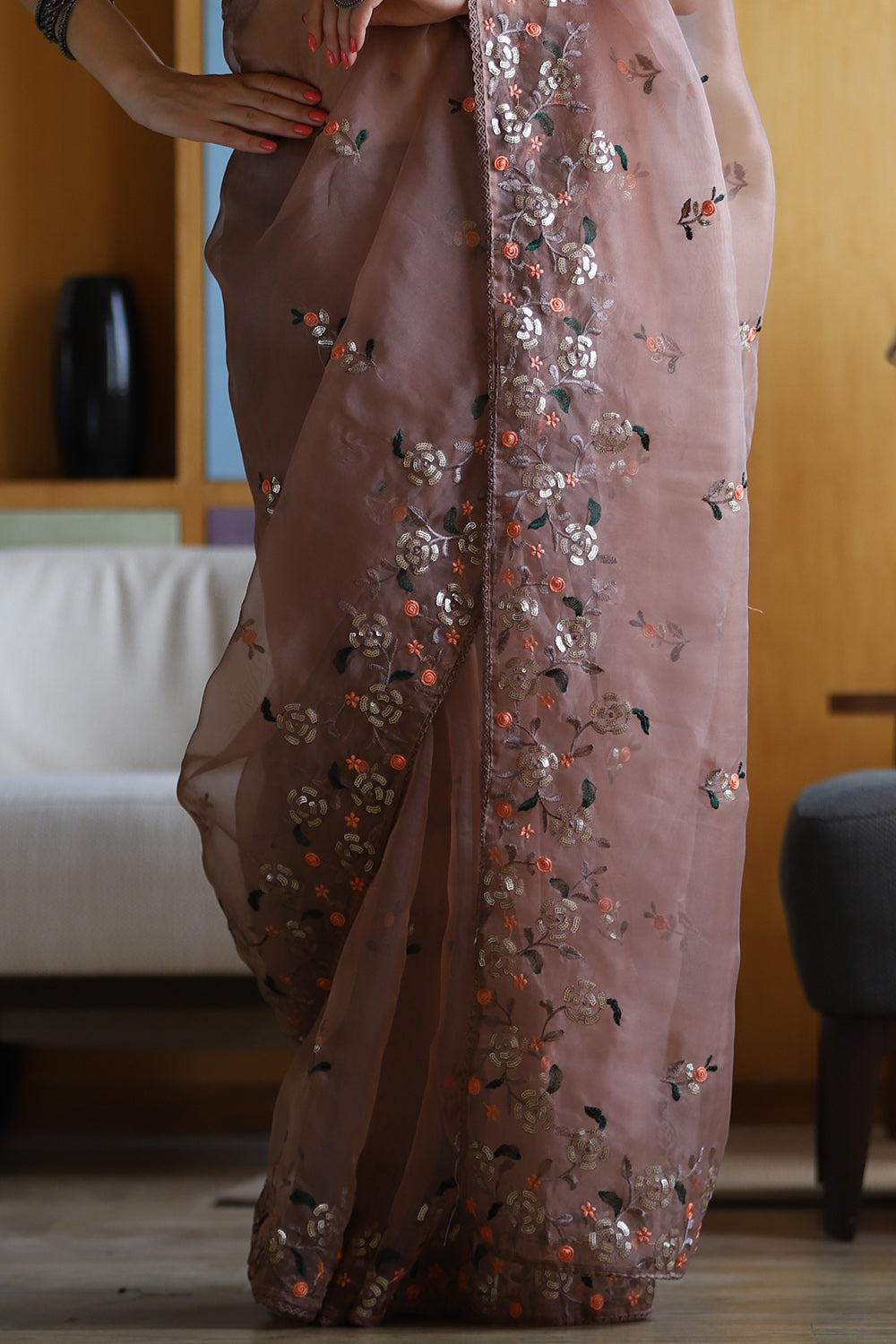 Tan Brown Organza Saree