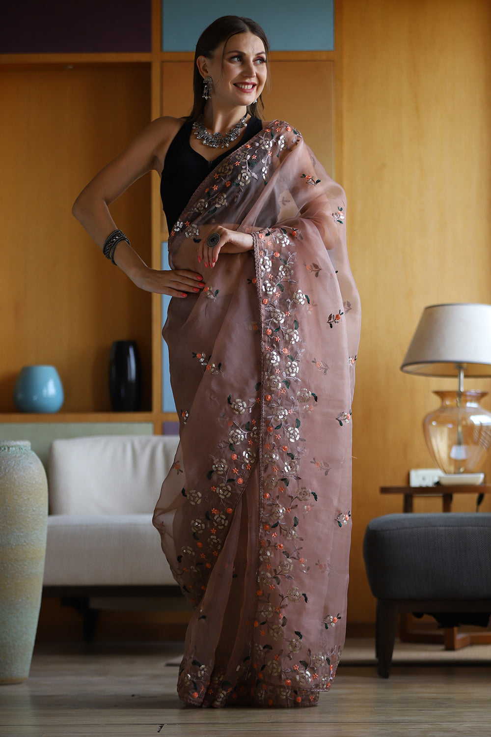 Tan Brown Organza Saree