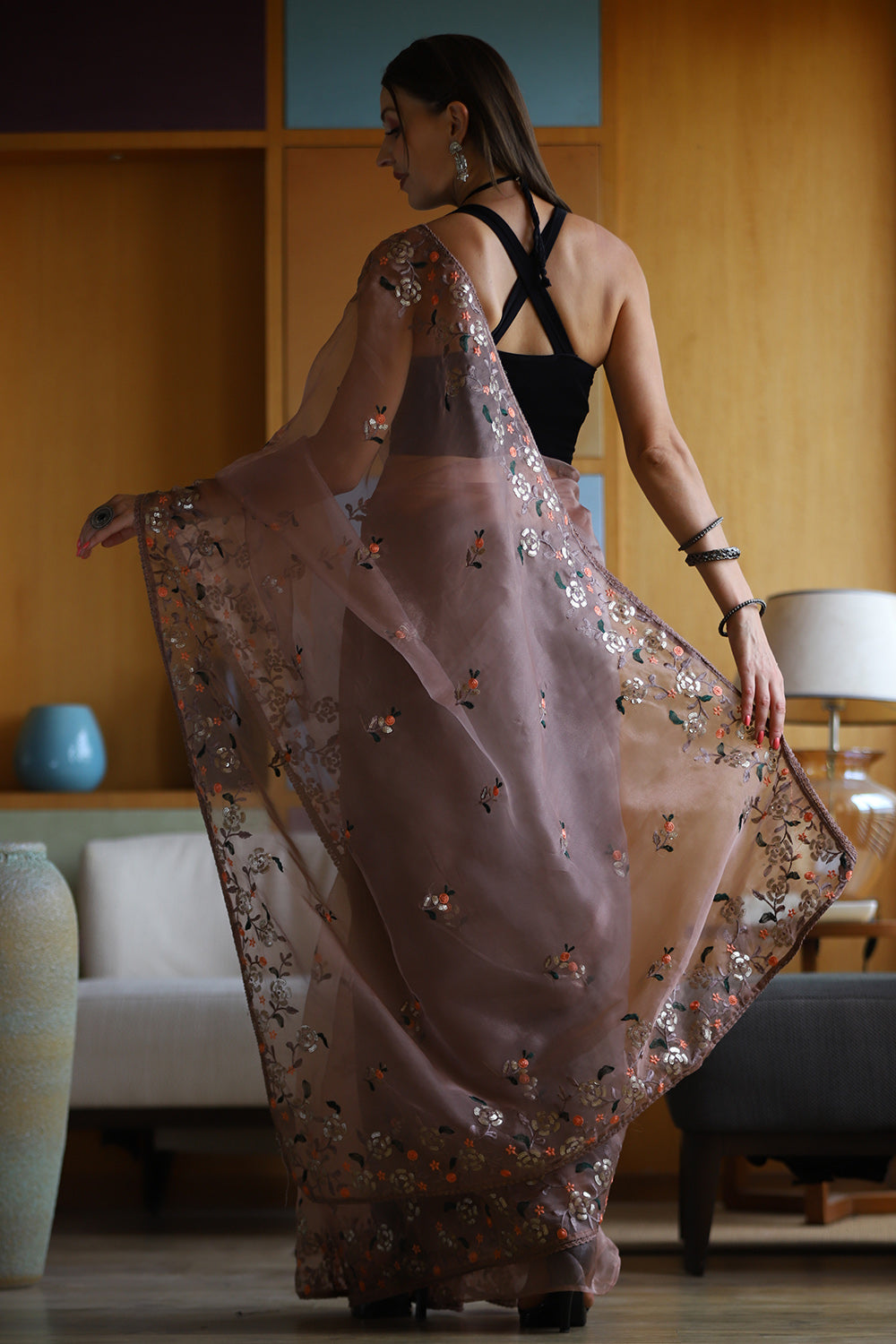 Tan Brown Organza Saree