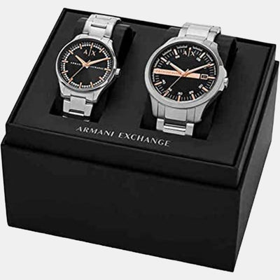 Hampton Couple Quartz Black Dial Analog Stainless Steel Watch AX7132SET